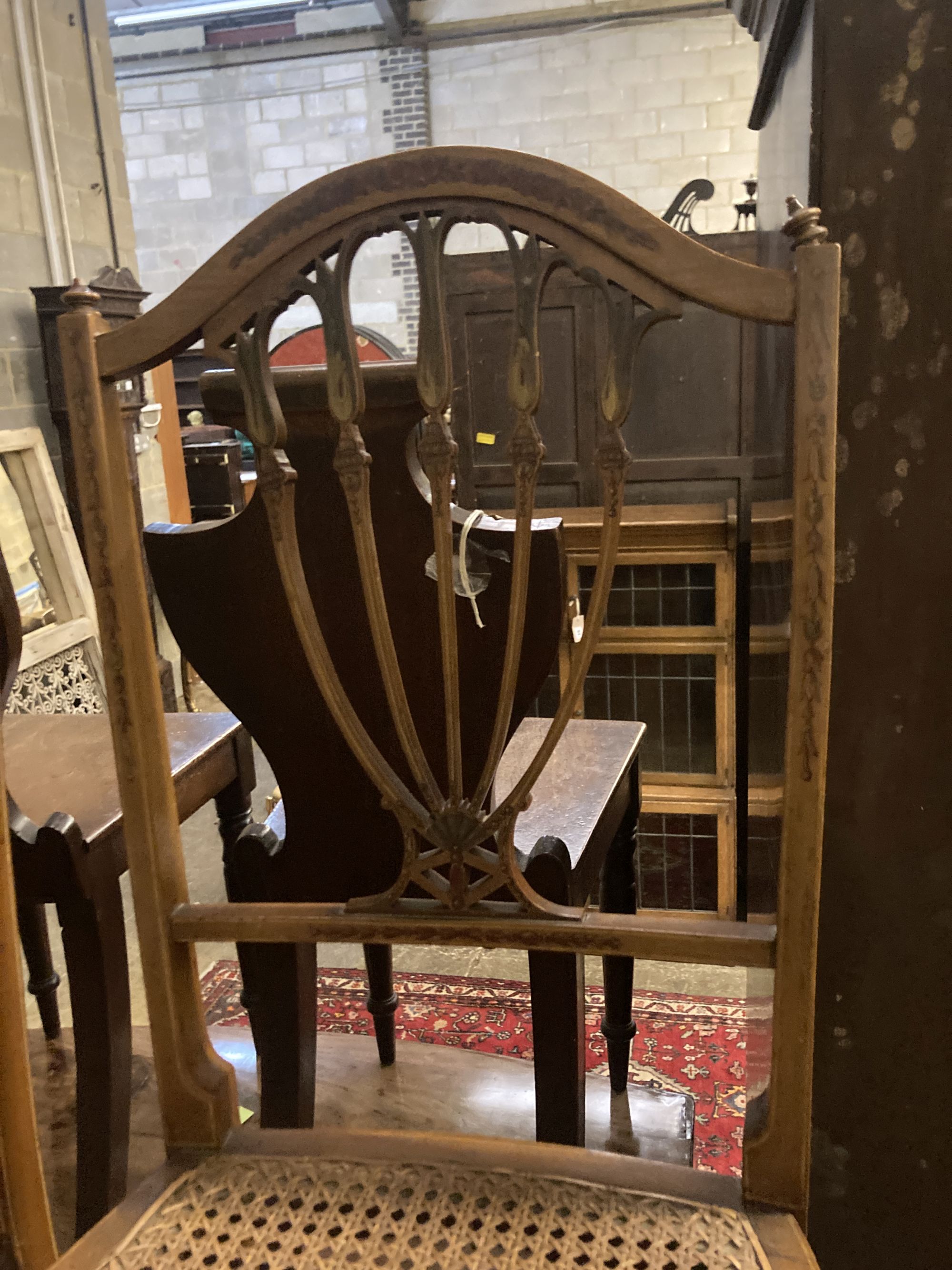 Two Edwardian cane seat chairs and a pair of painted Bentwood cane seat chairs